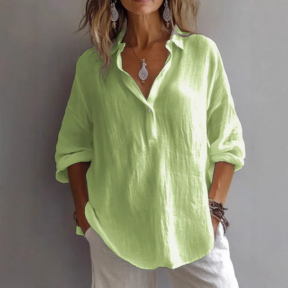 Lune Women’s Casual Linen Shirt featuring a stylish button placket and wide sleeves, perfect for a comfortable and chic everyday look. 4