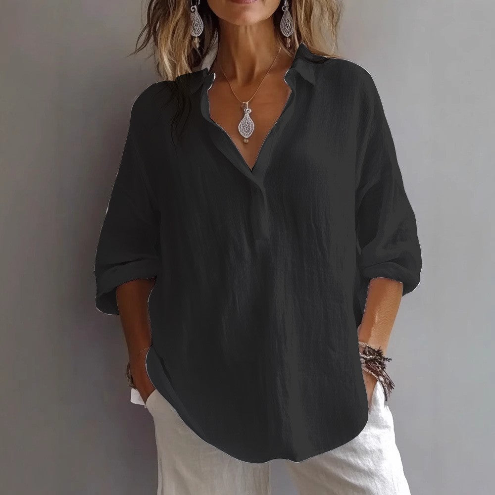Lune Women’s Casual Linen Shirt featuring a stylish button placket and wide sleeves, perfect for a comfortable and chic everyday look. 7