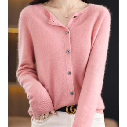Luxe women's cardigan featuring an elegant O-neck design and full button closure, perfect for achieving effortless style in any season. 1