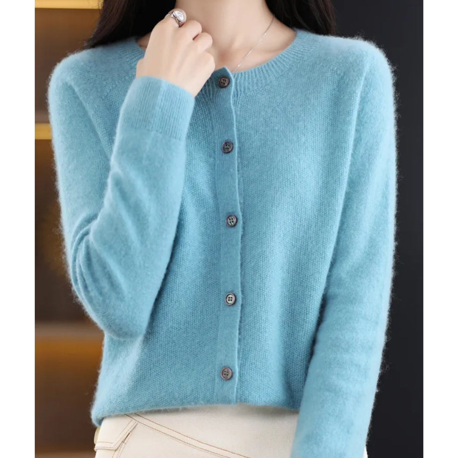 Luxe women's cardigan featuring an elegant O-neck design and full button closure, perfect for achieving effortless style in any season. 3