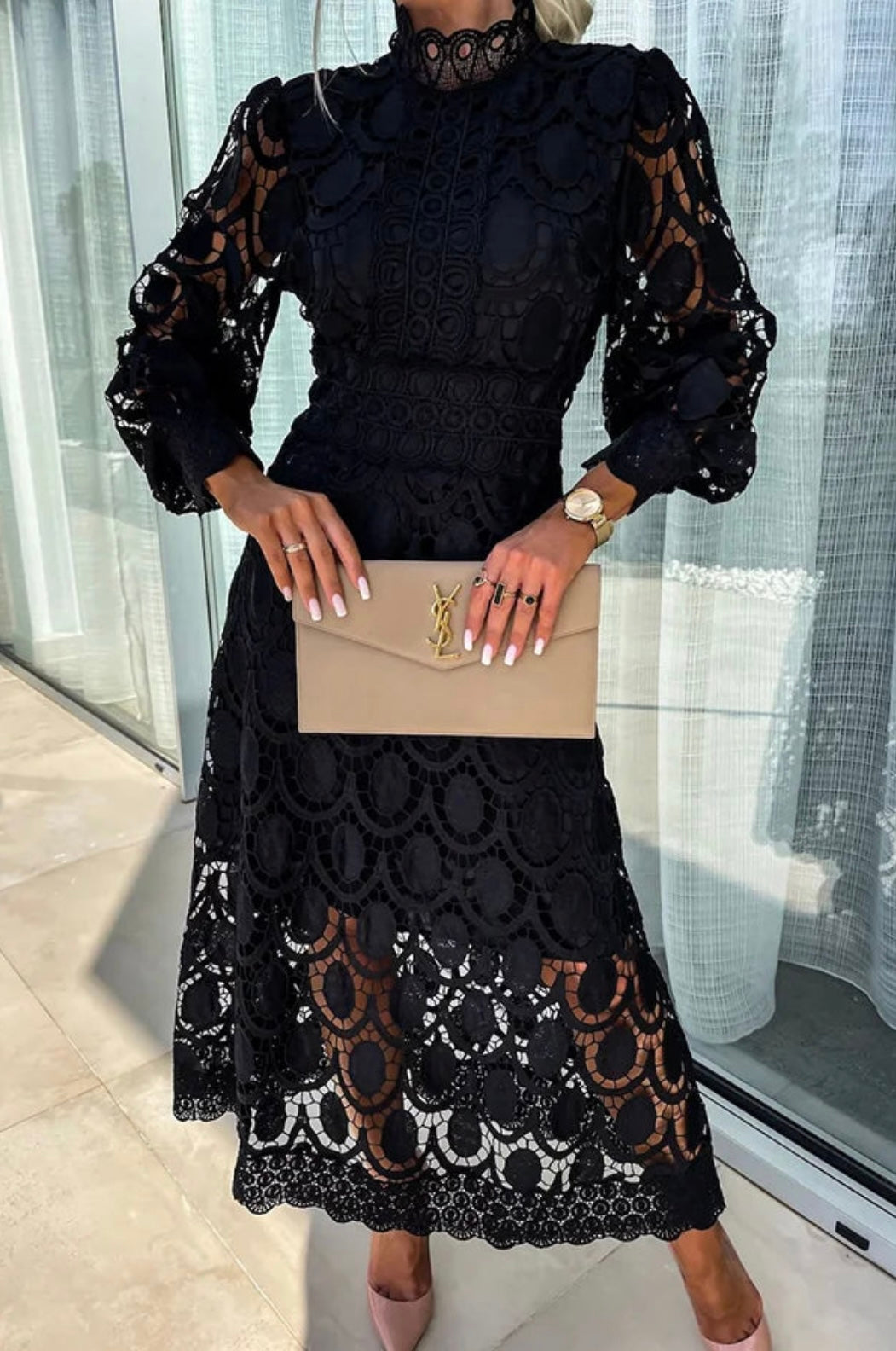 Luxe women’s dress featuring intricate lace detailing and a flattering midi length, perfect for elegant occasions and stylish outings. 2