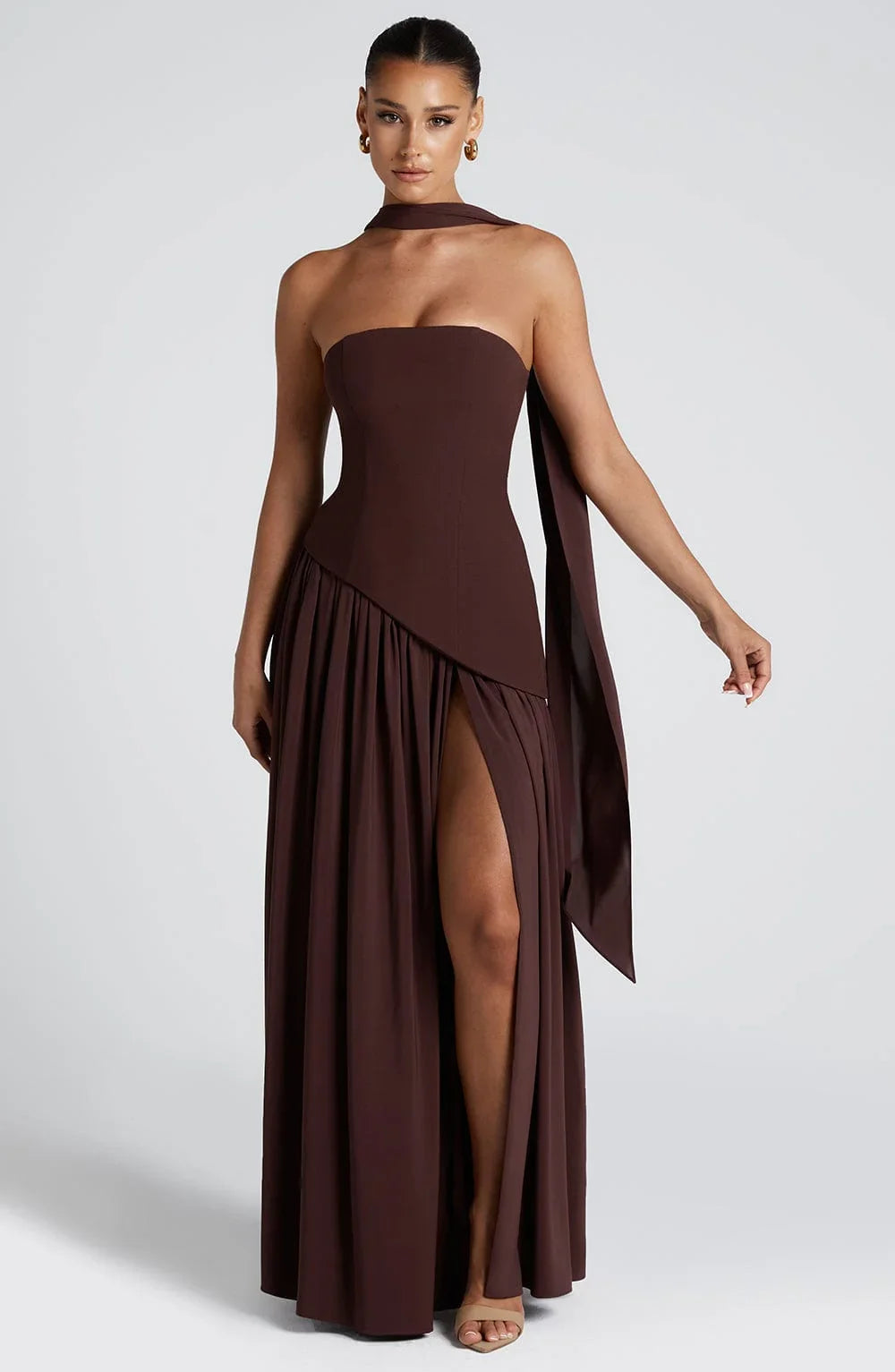Luxe women’s maxi dress featuring a corset bustier and elegant scarf detail, perfect for formal occasions and summer events. 0