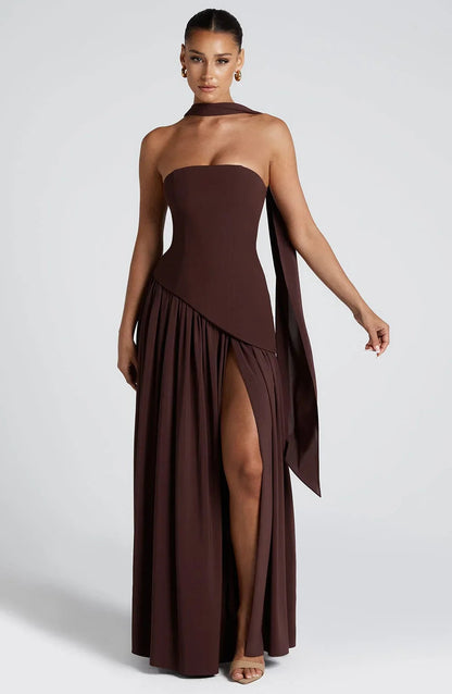 Luxe women’s maxi dress featuring a corset bustier and elegant scarf detail, perfect for formal occasions and summer events. 0