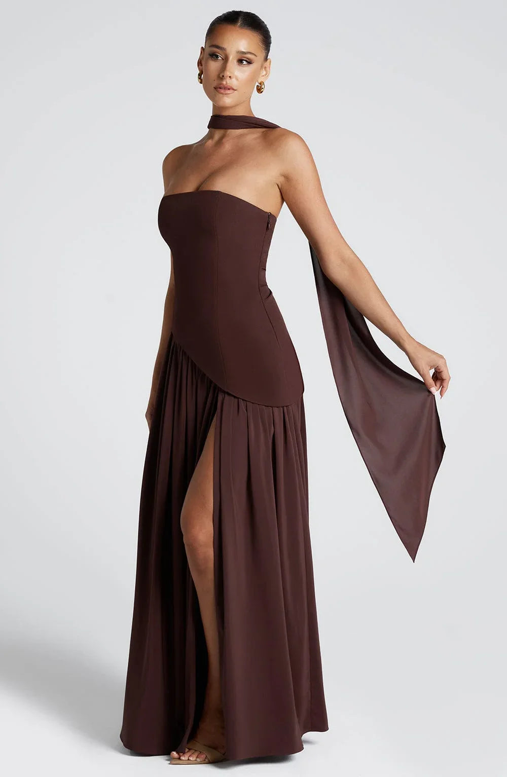 Luxe women’s maxi dress featuring a corset bustier and elegant scarf detail, perfect for formal occasions and summer events. 1