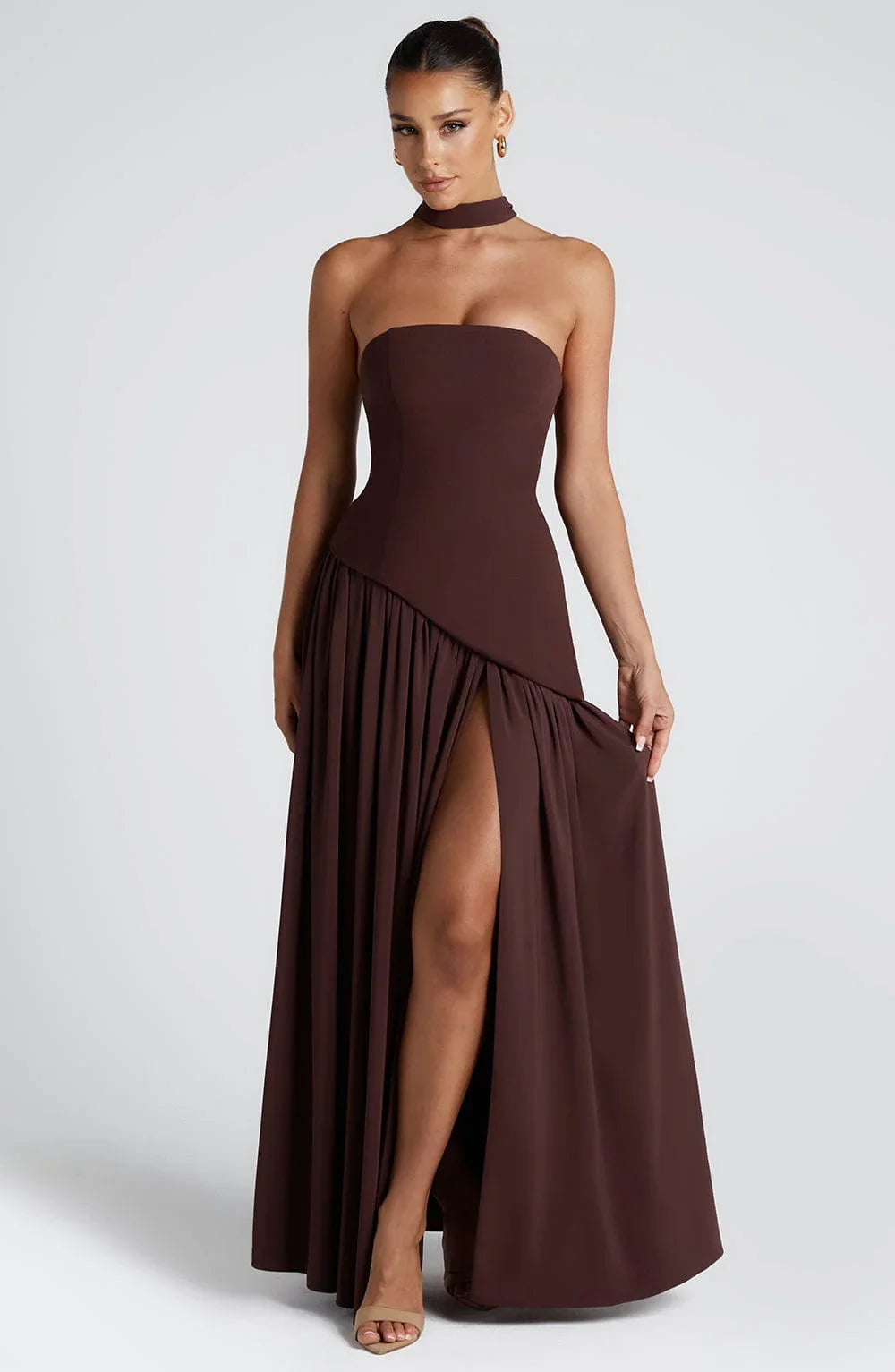 Luxe women’s maxi dress featuring a corset bustier and elegant scarf detail, perfect for formal occasions and summer events. 6