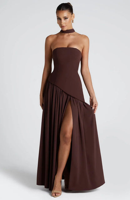Luxe women’s maxi dress featuring a corset bustier and elegant scarf detail, perfect for formal occasions and summer events. 6