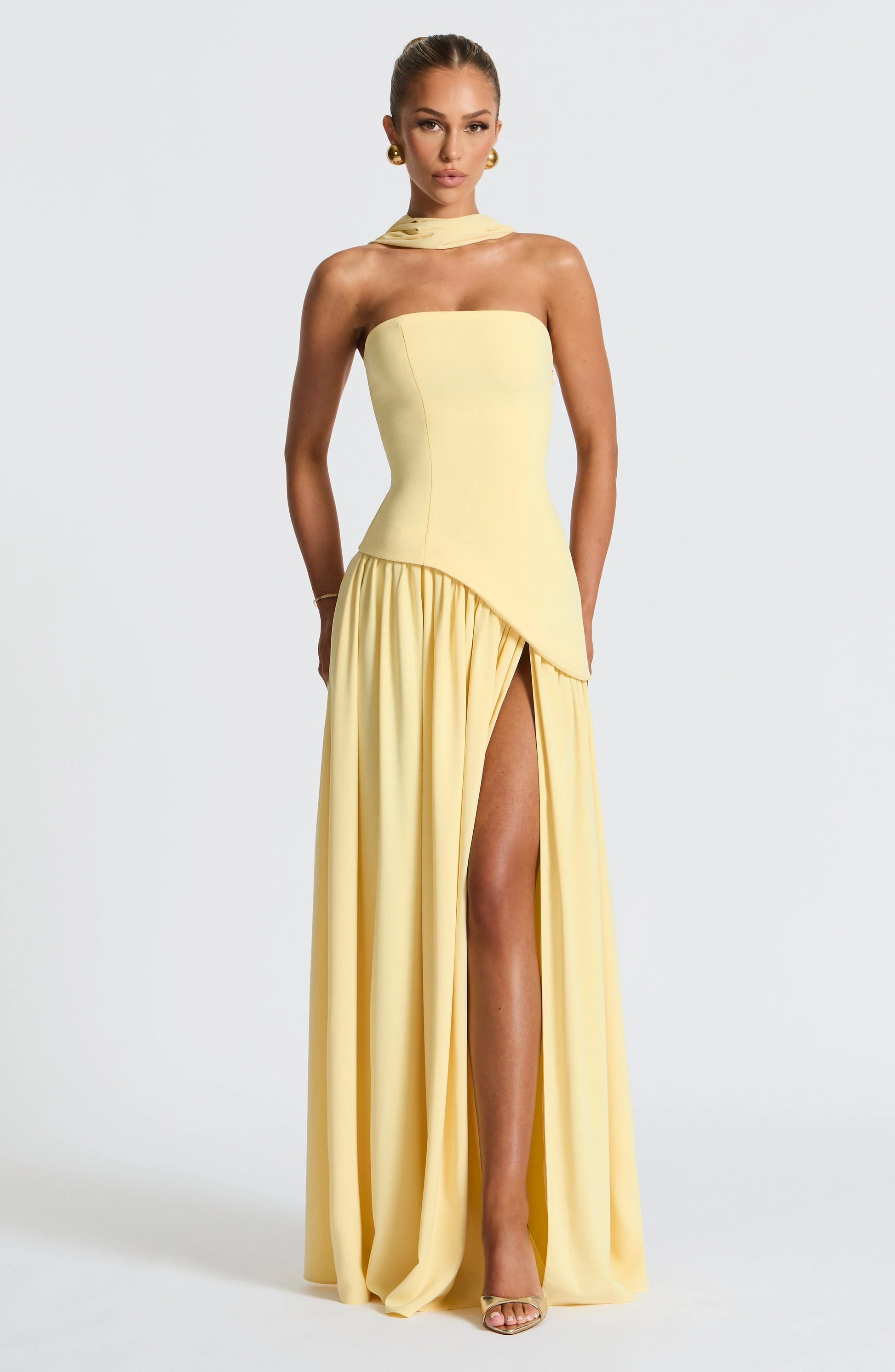 Luxe women’s maxi dress featuring a corset bustier and elegant scarf detail, perfect for formal occasions and summer events. 8