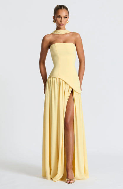 Luxe women’s maxi dress featuring a corset bustier and elegant scarf detail, perfect for formal occasions and summer events. 8