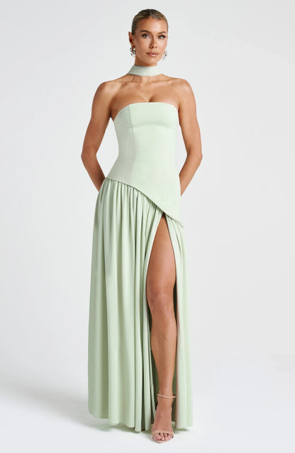 Luxe women’s maxi dress featuring a corset bustier and elegant scarf detail, perfect for formal occasions and summer events. 9