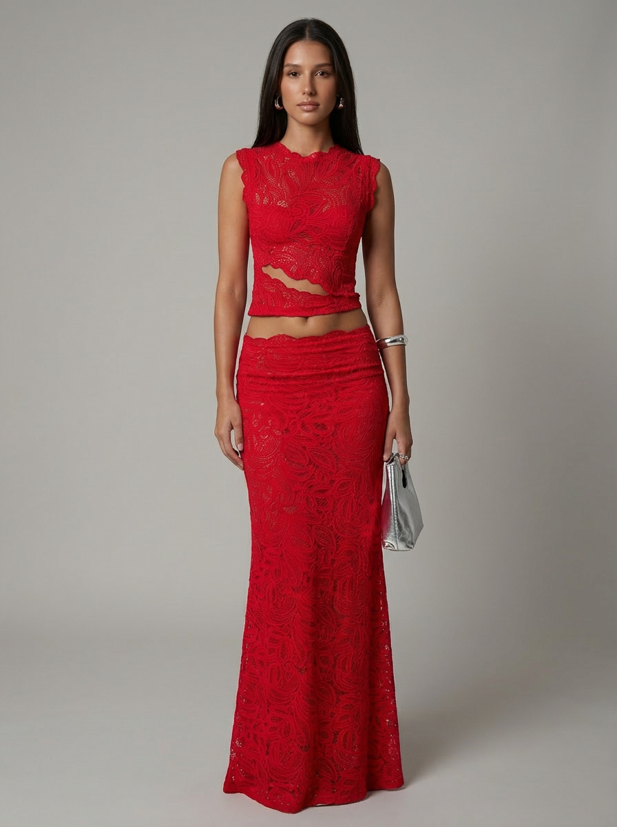 Luxe women's set featuring a stylish cropped lace top paired with a high-waisted maxi skirt, perfect for elegant occasions and summer outings. 0