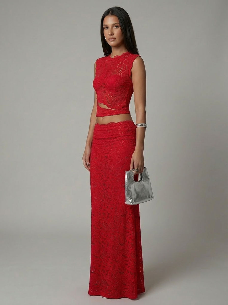 Luxe women's set featuring a stylish cropped lace top paired with a high-waisted maxi skirt, perfect for elegant occasions and summer outings. 1