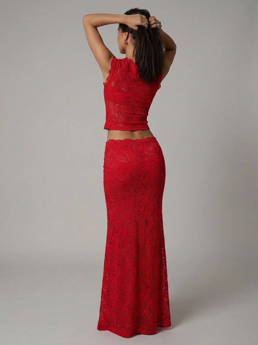 Luxe women's set featuring a stylish cropped lace top paired with a high-waisted maxi skirt, perfect for elegant occasions and summer outings. 2