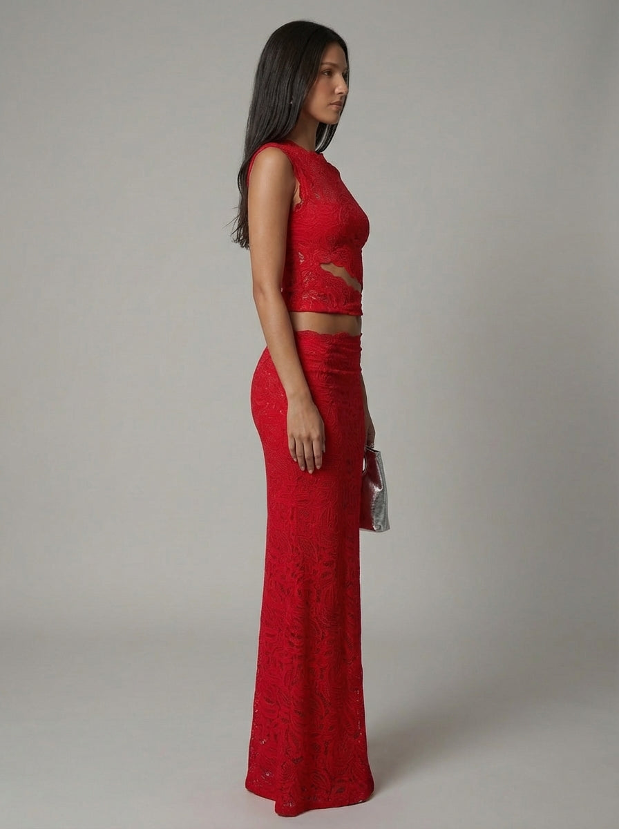 Luxe women's set featuring a stylish cropped lace top paired with a high-waisted maxi skirt, perfect for elegant occasions and summer outings. 3