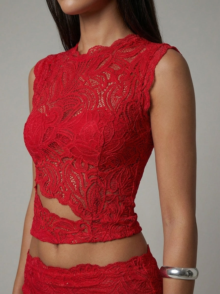 Luxe women's set featuring a stylish cropped lace top paired with a high-waisted maxi skirt, perfect for elegant occasions and summer outings. 4