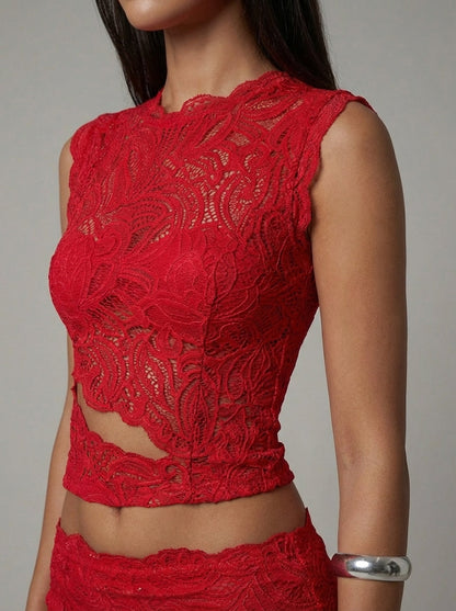 Luxe women's set featuring a stylish cropped lace top paired with a high-waisted maxi skirt, perfect for elegant occasions and summer outings. 4
