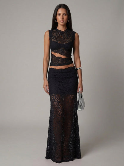 Luxe women's set featuring a stylish cropped lace top paired with a high-waisted maxi skirt, perfect for elegant occasions and summer outings. 5