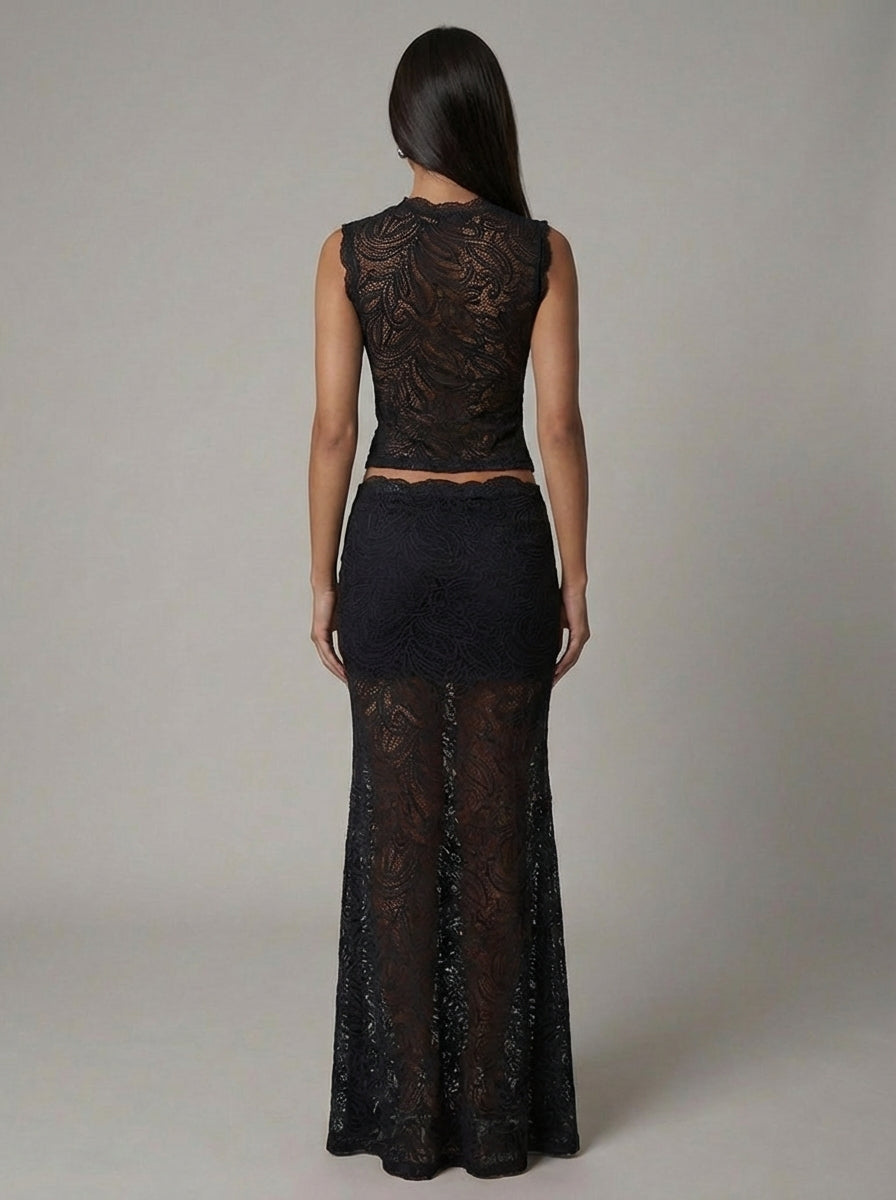 Luxe women's set featuring a stylish cropped lace top paired with a high-waisted maxi skirt, perfect for elegant occasions and summer outings. 7