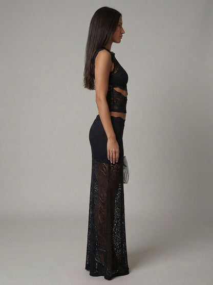 Luxe women's set featuring a stylish cropped lace top paired with a high-waisted maxi skirt, perfect for elegant occasions and summer outings. 8