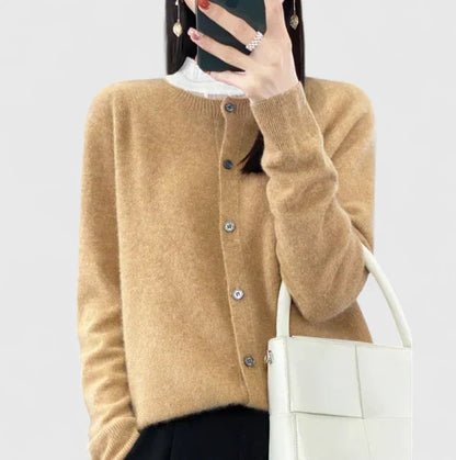 Lyxandria Women’s Cardigan featuring a stylish O-neck design and single-breasted closure, perfect for layering in any season. 1