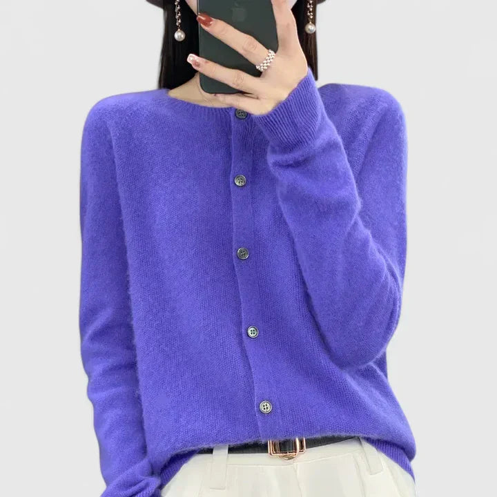 Lyxandria Women’s Cardigan featuring a stylish O-neck design and single-breasted closure, perfect for layering in any season. 2