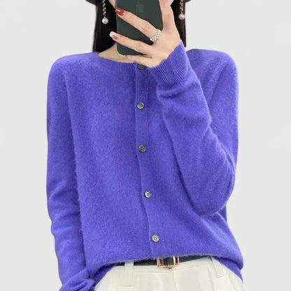 Lyxandria Women’s Cardigan featuring a stylish O-neck design and single-breasted closure, perfect for layering in any season. 2