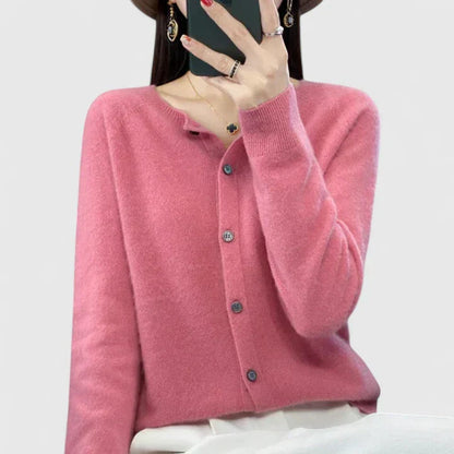 Lyxandria Women’s Cardigan featuring a stylish O-neck design and single-breasted closure, perfect for layering in any season. 4