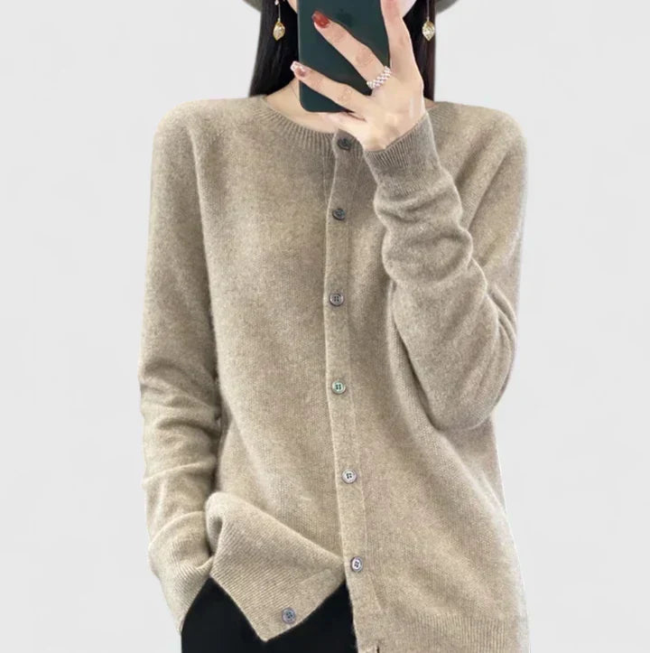Lyxandria Women’s Cardigan featuring a stylish O-neck design and single-breasted closure, perfect for layering in any season. 6