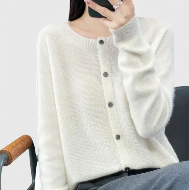 Lyxandria Women’s Cardigan featuring a stylish O-neck design and single-breasted closure, perfect for layering in any season. 7