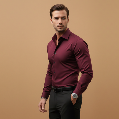 Maverick Men's Dress Shirt featuring a structured collar and buttoned cuffs, ideal for formal occasions and professional settings. 2