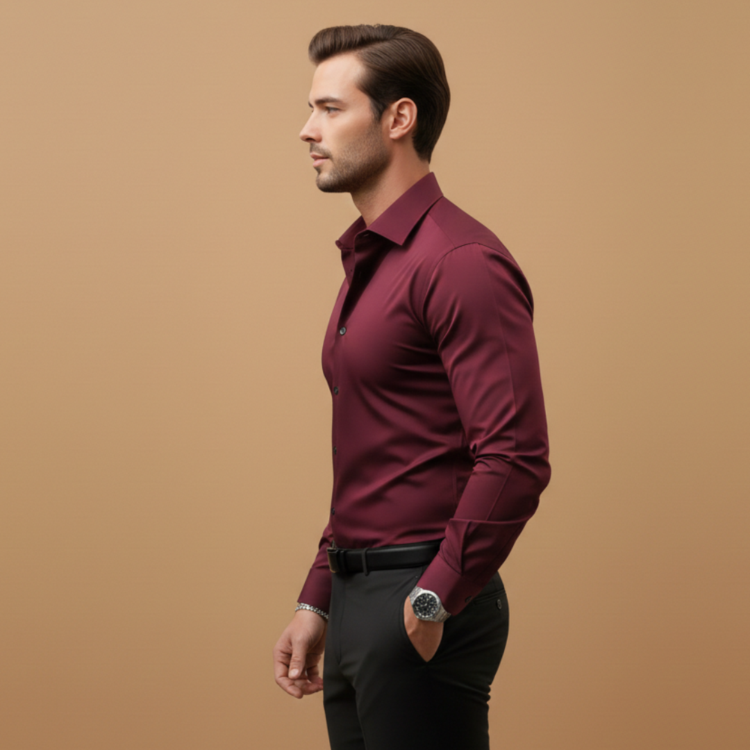 Maverick Men's Dress Shirt featuring a structured collar and buttoned cuffs, ideal for formal occasions and professional settings. 3