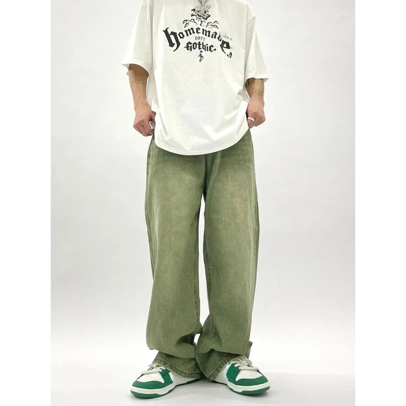 Milo Men’s Baggy Jeans in modern green color featuring a wide cut design for a relaxed fit and stylish look. 2