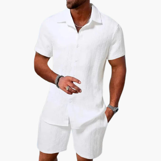 Milo Men’s Casual Set featuring a stylish jacquard texture and a short-sleeve button-up shirt, perfect for relaxed outings and warm weather 0