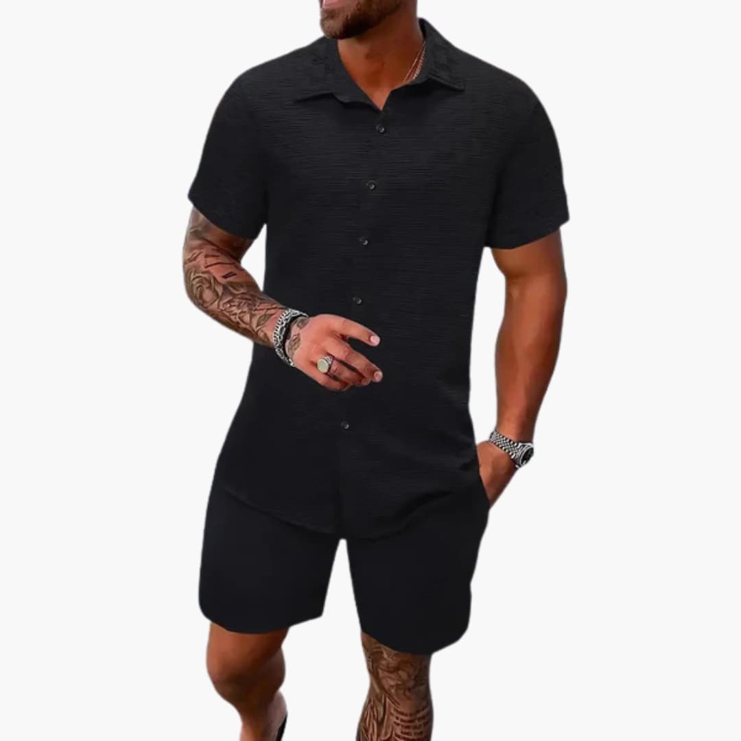 Milo Men’s Casual Set featuring a stylish jacquard texture and a short-sleeve button-up shirt, perfect for relaxed outings and warm weather 1