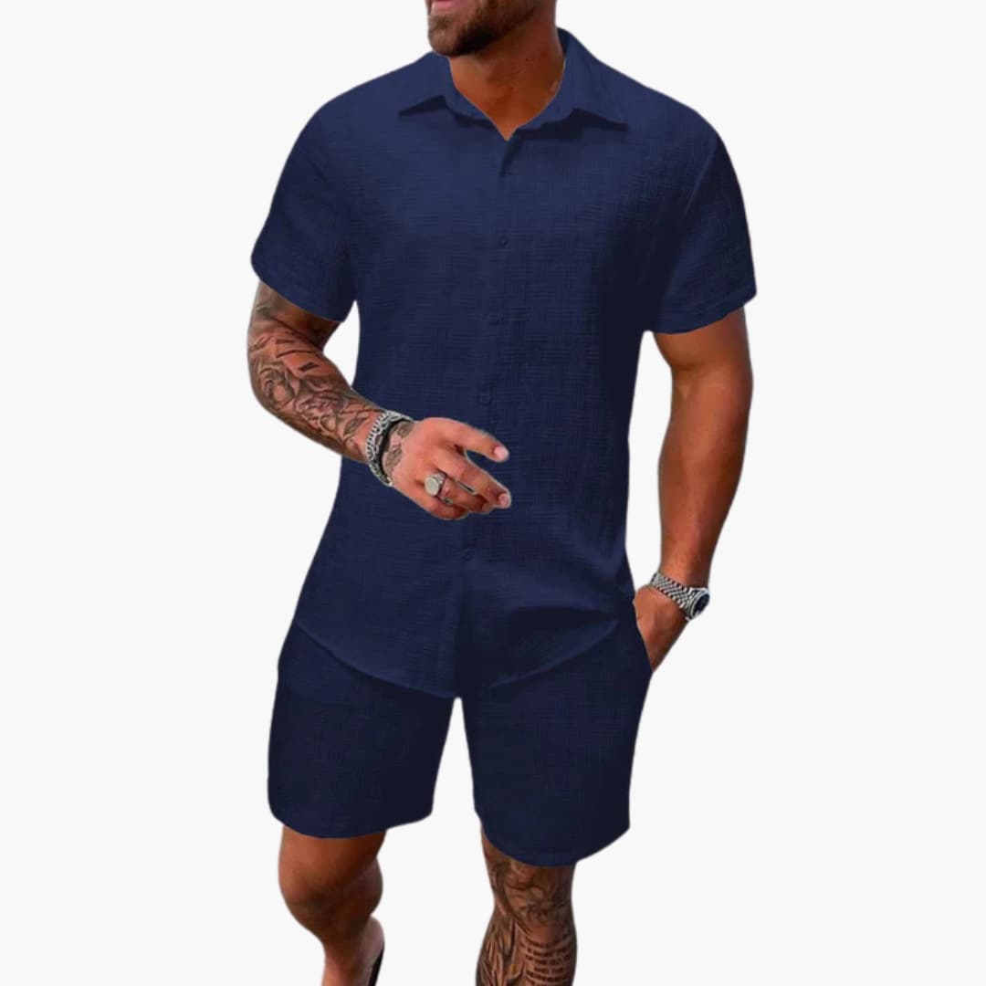 Milo Men’s Casual Set featuring a stylish jacquard texture and a short-sleeve button-up shirt, perfect for relaxed outings and warm weather 2