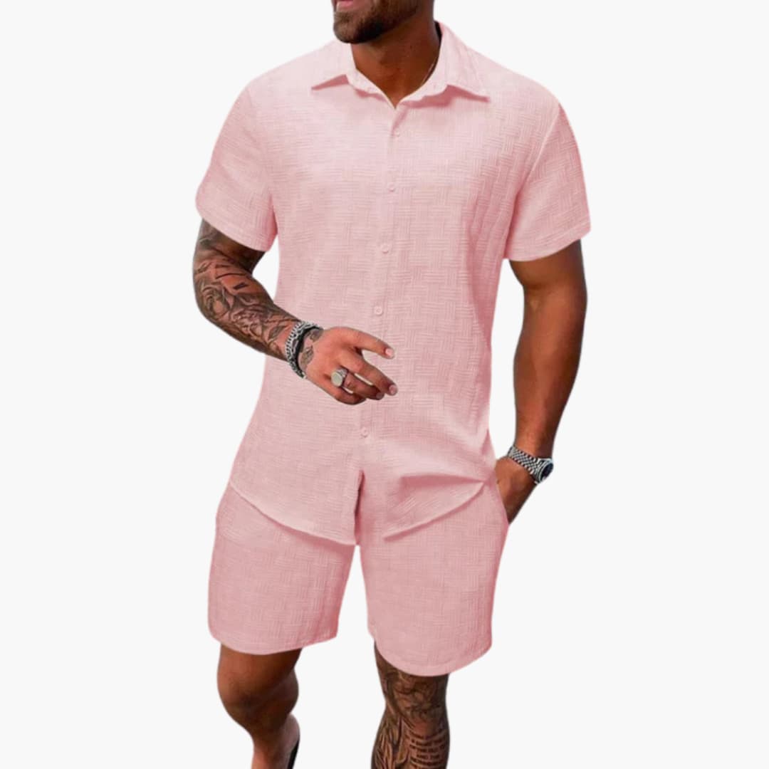 Milo Men’s Casual Set featuring a stylish jacquard texture and a short-sleeve button-up shirt, perfect for relaxed outings and warm weather 3