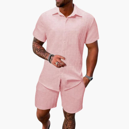 Milo Men’s Casual Set featuring a stylish jacquard texture and a short-sleeve button-up shirt, perfect for relaxed outings and warm weather 3