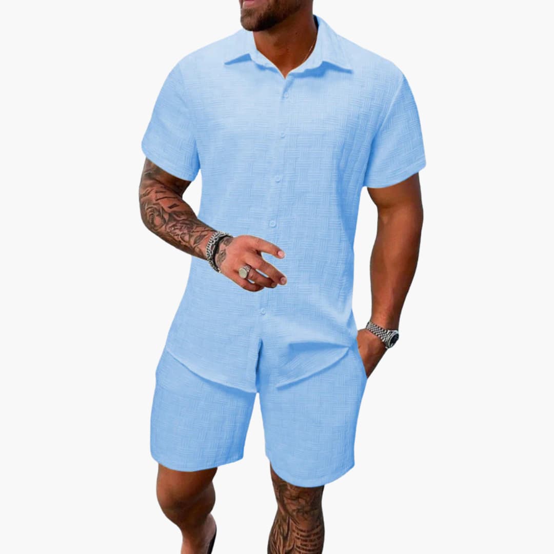 Milo Men’s Casual Set featuring a stylish jacquard texture and a short-sleeve button-up shirt, perfect for relaxed outings and warm weather 4