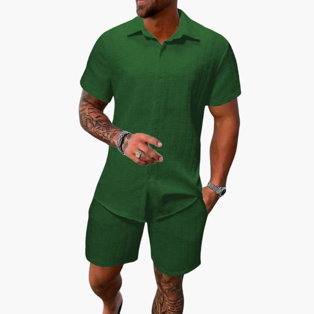 Milo Men’s Casual Set featuring a stylish jacquard texture and a short-sleeve button-up shirt, perfect for relaxed outings and warm weather 5