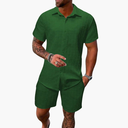 Milo Men’s Casual Set featuring a stylish jacquard texture and a short-sleeve button-up shirt, perfect for relaxed outings and warm weather 5