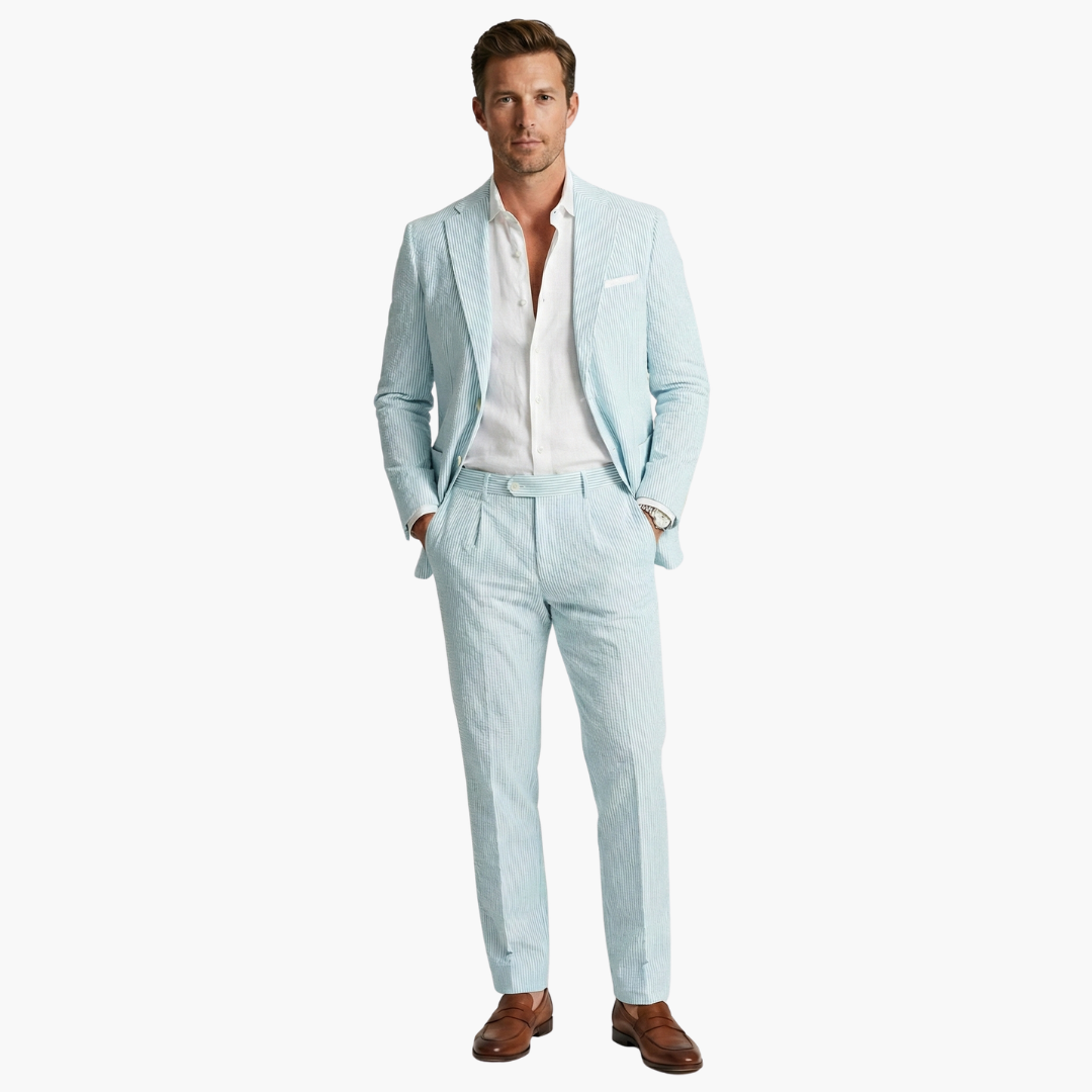 Milo Men's Suit featuring a stylish pinstripe design and a slim fit tailored jacket, perfect for formal occasions and business events. 0