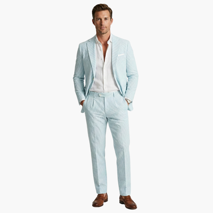 Milo Men's Suit featuring a stylish pinstripe design and a slim fit tailored jacket, perfect for formal occasions and business events. 0