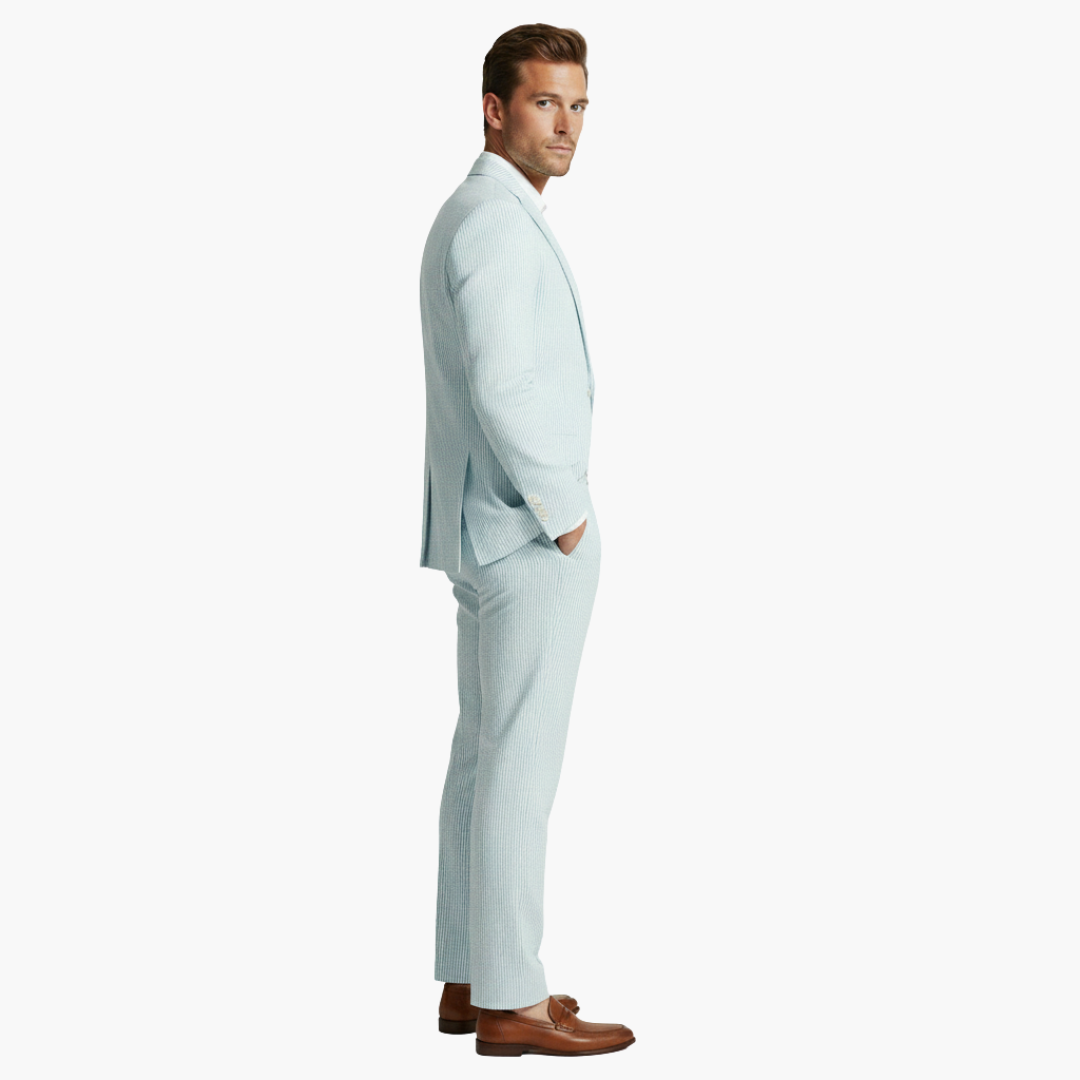Milo Men's Suit featuring a stylish pinstripe design and a slim fit tailored jacket, perfect for formal occasions and business events. 1