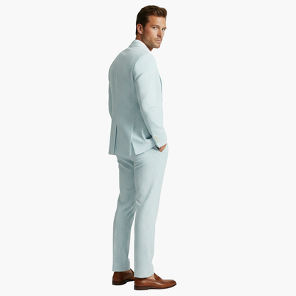 Milo Men's Suit featuring a stylish pinstripe design and a slim fit tailored jacket, perfect for formal occasions and business events. 2