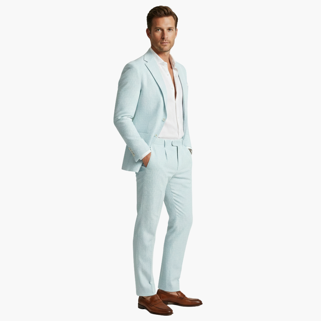 Milo Men's Suit featuring a stylish pinstripe design and a slim fit tailored jacket, perfect for formal occasions and business events. 3