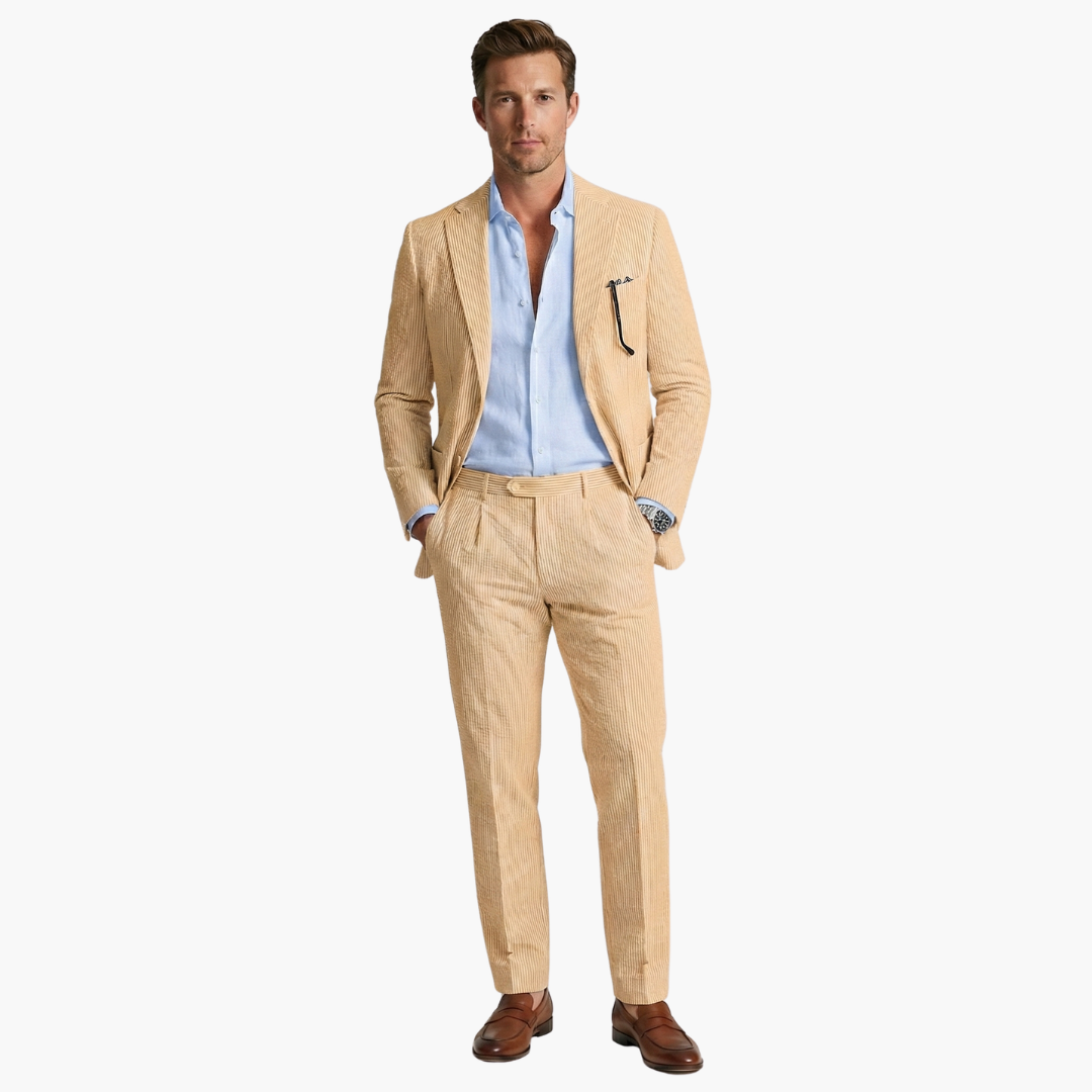 Milo Men's Suit featuring a stylish pinstripe design and a slim fit tailored jacket, perfect for formal occasions and business events. 5