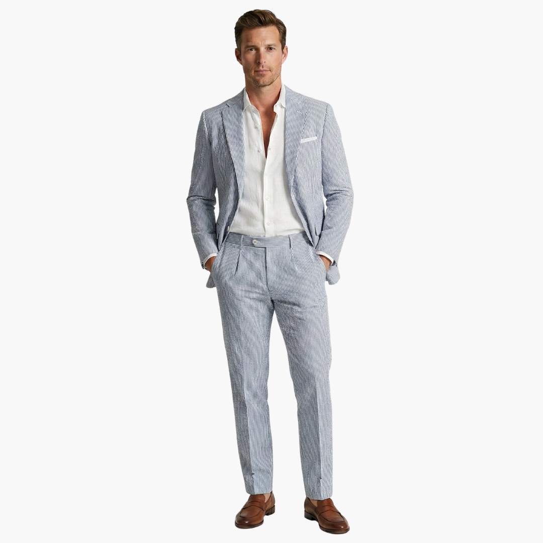 Milo Men's Suit featuring a stylish pinstripe design and a slim fit tailored jacket, perfect for formal occasions and business events. 6