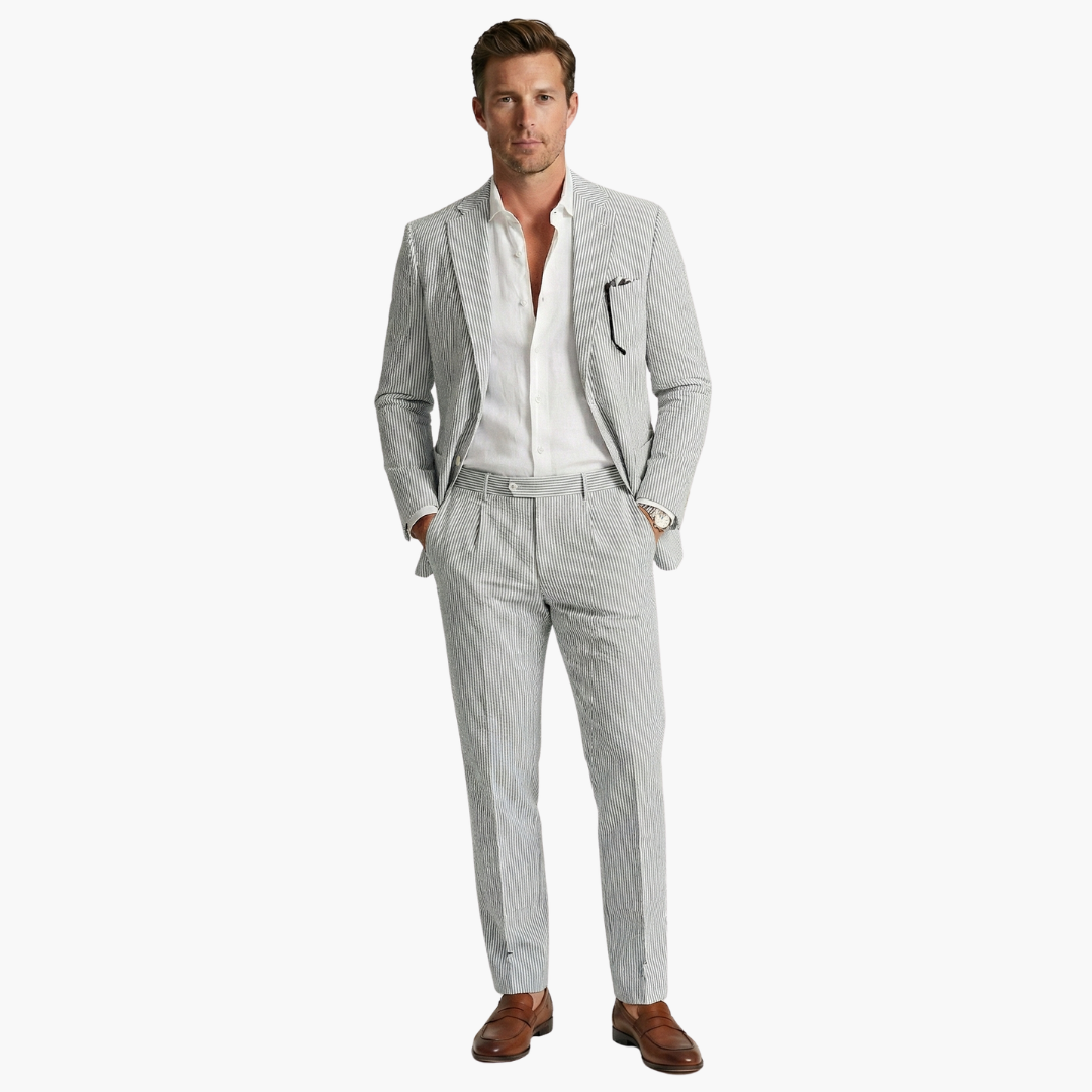 Milo Men's Suit featuring a stylish pinstripe design and a slim fit tailored jacket, perfect for formal occasions and business events. 7