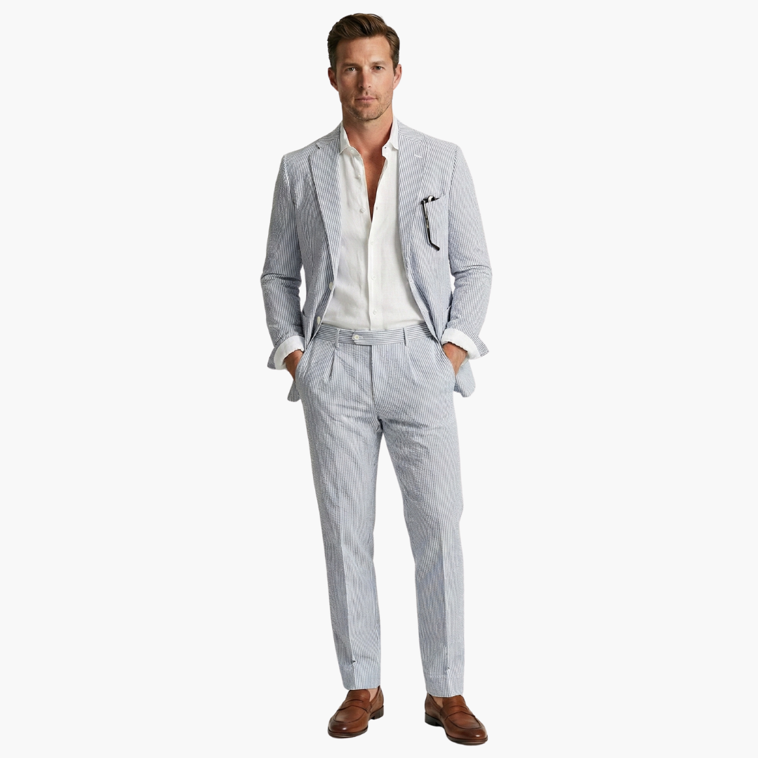Milo Men's Suit featuring a stylish pinstripe design and a slim fit tailored jacket, perfect for formal occasions and business events. 8