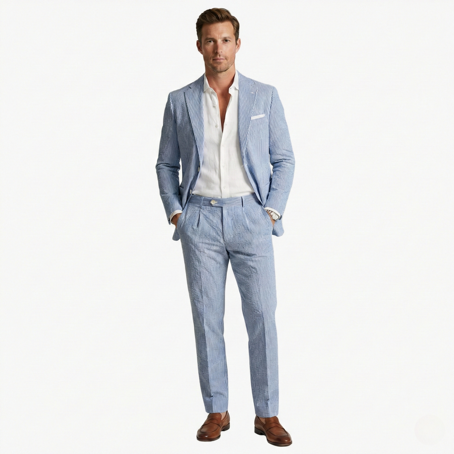 Milo Men's Suit featuring a stylish pinstripe design and a slim fit tailored jacket, perfect for formal occasions and business events. 9