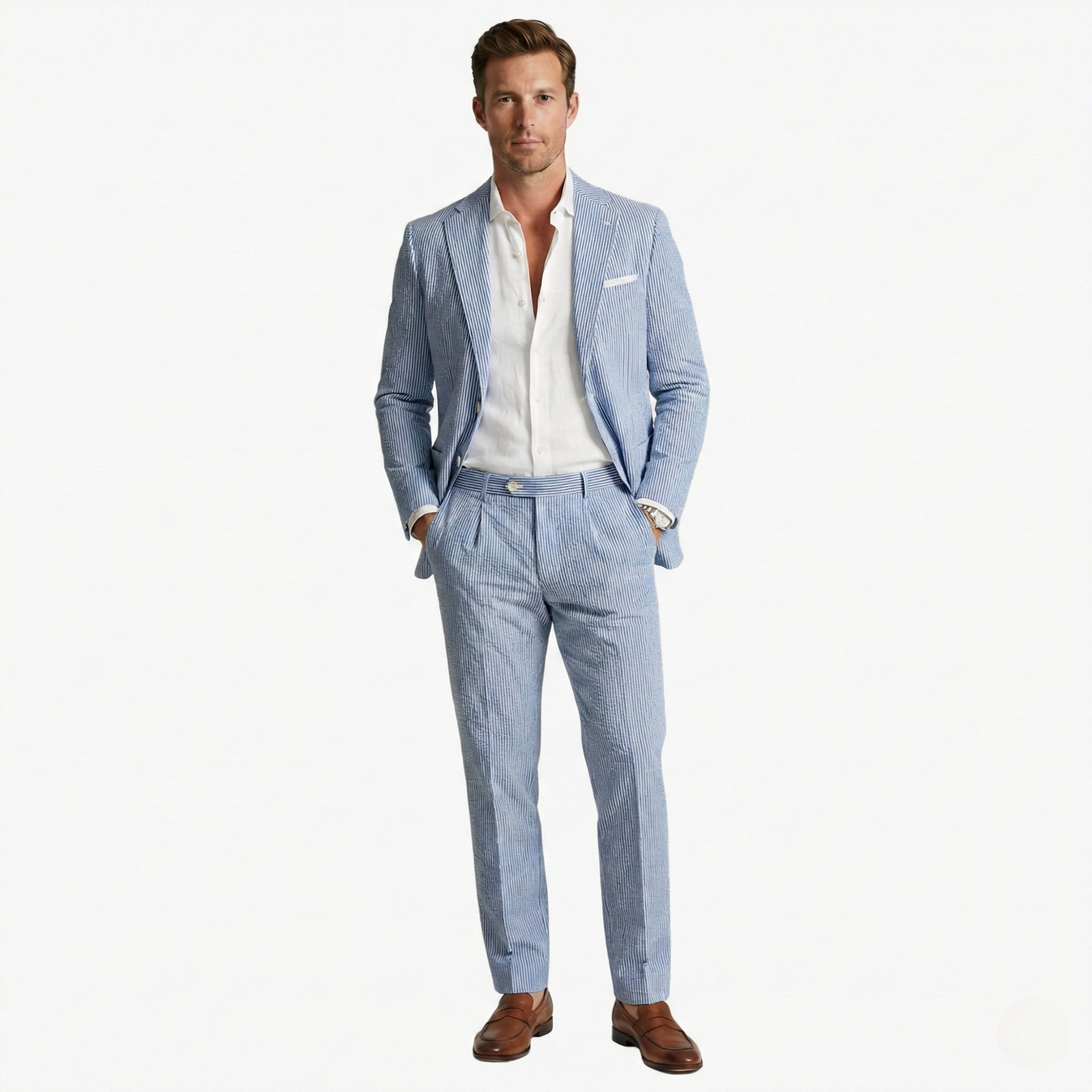 Milo Men's Suit featuring a stylish pinstripe design and a slim fit tailored jacket, perfect for formal occasions and business events. 9